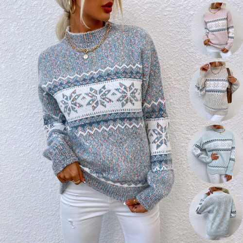 Winter Snowflake Sweater Fashion Half Turtleneck Pullover Knitted Tops Women's Christmas Clothing
