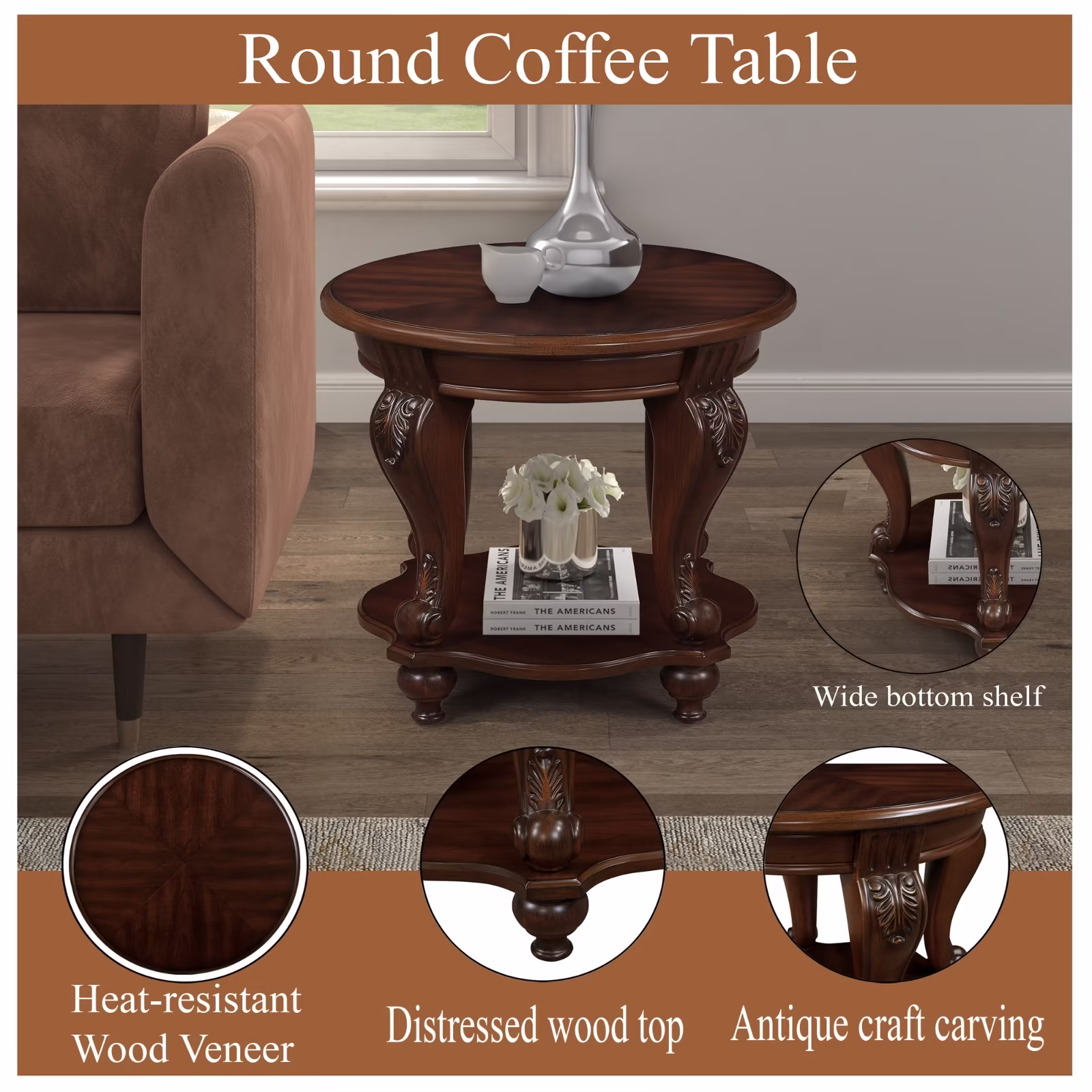 Retro Round End Table,Solid and Easy Assem - Image 4